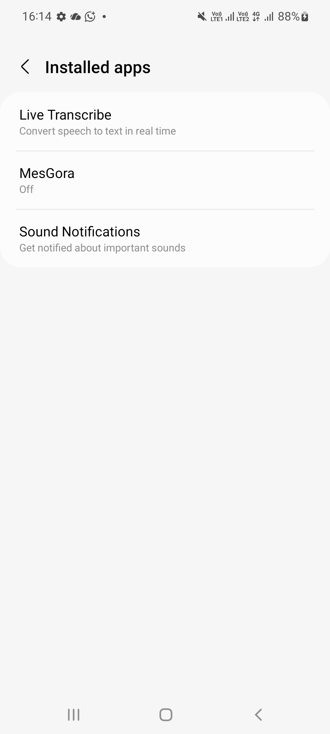 Installed apps list showing MesGora