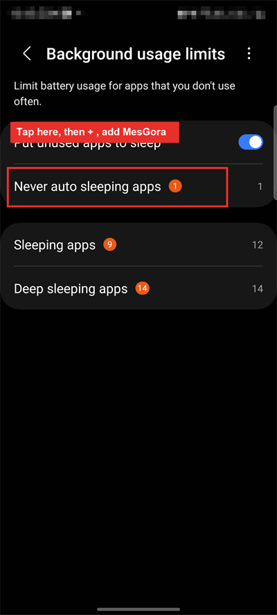 Samsung Background usage limits — add to Never sleeping apps